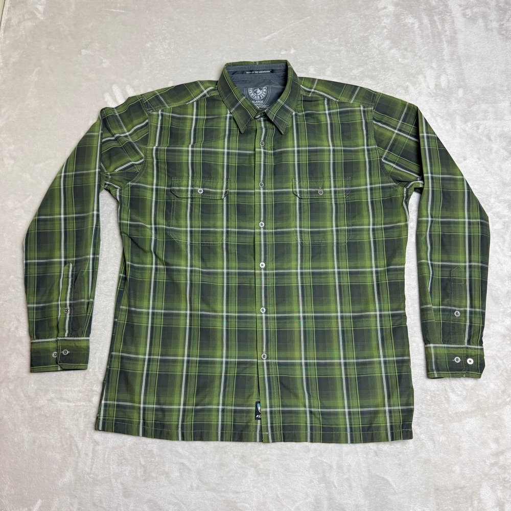 Kuhl Eluxur Shirt Mens XL Green Plaid Button Up Hiking Outdoor Gorpcore Tech EUC